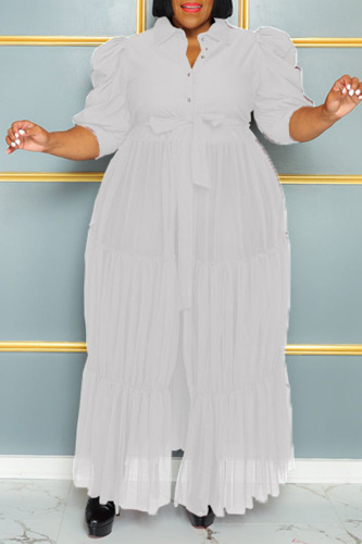 White Casual Elegant Solid Patchwork Buckle Fold Turndown Collar Cake Skirt Plus Size Dresses