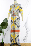 Yellow Casual Print Patchwork Turndown Collar Half Sleeve Two Pieces