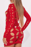 Red Sexy Solid Hollowed Out Half A Turtleneck Long Sleeve Dresses