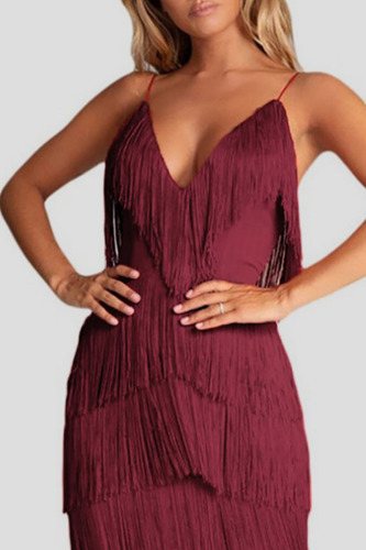 Burgundy Sexy Solid Tassel Patchwork Spaghetti Strap Dresses