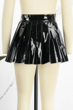 Black Street Solid Patchwork Fold High Waist Type A Solid Color Bottoms