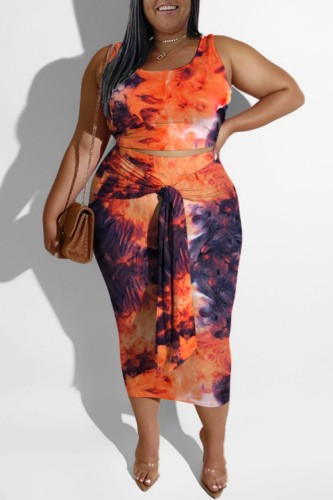 Tangerine Red Casual Print Patchwork U Neck Plus Size Two Pieces