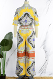 Yellow Casual Print Patchwork Turndown Collar Half Sleeve Two Pieces