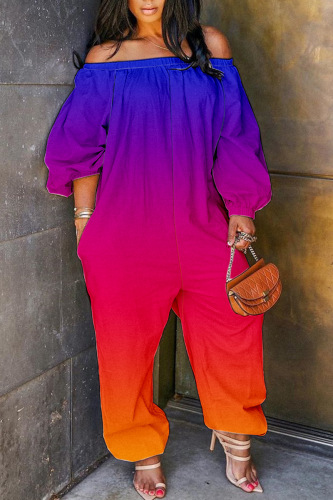Blue Purple Casual Print Patchwork Off the Shoulder Regular Jumpsuits