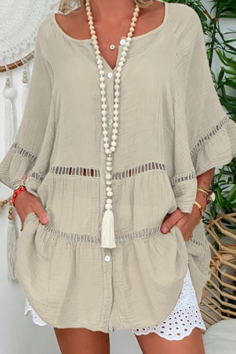 Brown Casual Solid Patchwork V Neck Long Sleeve Dresses