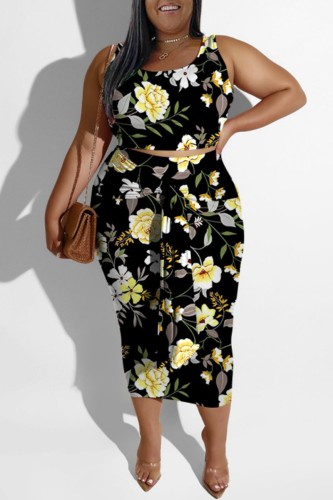 Black Casual Print Patchwork U Neck Plus Size Two Pieces