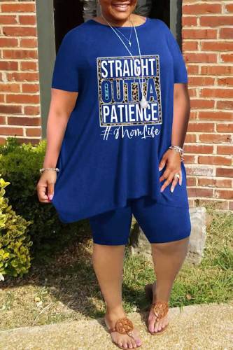 Blue Casual Print Patchwork O Neck Plus Size Two Pieces