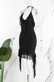 Black Sexy Solid Patchwork Flounce Halter Irregular Dress Dresses