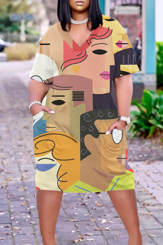 Light Khaki Casual Print Patchwork Basic V Neck Short Sleeve Dress Plus Size Dresses