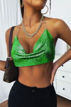 Green Sexy Solid Patchwork Metal Accessories Decoration Halter Tops