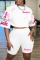 White Casual Print Basic O Neck Half Sleeve Two Pieces