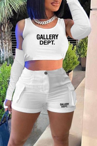 White Casual Street Print Letter U Neck Three Quarter Three Pieces