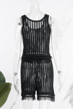 Black Casual Solid Backless O Neck Sleeveless Two Pieces