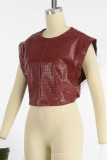 Burgundy Casual Solid Patchwork O Neck T-Shirts