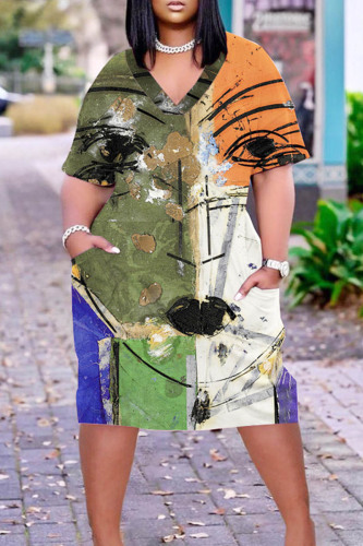 Army Green Casual Print Patchwork Basic V Neck Short Sleeve Dress Plus Size Dresses