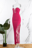 Rose Red Sexy Solid Patchwork Slit Hot Drill Strapless Long Dress Dresses