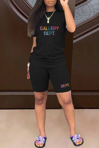 Black Casual Print Letter O Neck Short Sleeve Two Pieces