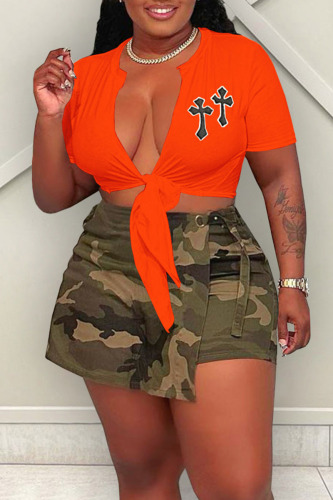 Orange Sexy Street Solid Embroidered Bandage Patchwork V Neck T-Shirts