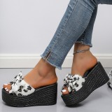 Black Casual Patchwork Printing With Bow Round Wedges Shoes (Heel Height 3.15in)