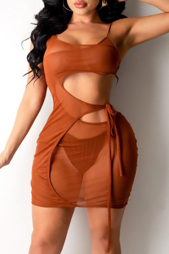 Brown Sexy Solid Bandage Hollowed Out See-through Backless Spaghetti Strap Sleeveless Dress