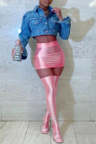 Pink Sexy Casual Solid Basic Skinny High Waist Conventional Solid Color Skirt (With Socks)