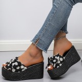 White Casual Patchwork Printing With Bow Round Wedges Shoes (Heel Height 3.15in)