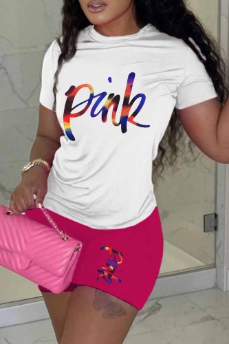 Rose Red Casual Print Letter O Neck Short Sleeve Two Pieces