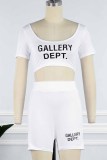 Black Casual Street Print Letter U Neck Short Sleeve Two Pieces