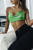 Green Sexy Solid Patchwork Metal Accessories Decoration Halter Tops