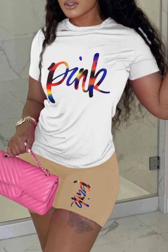 Khaki Casual Print Letter O Neck Short Sleeve Two Pieces