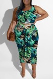 Ink Green Casual Print Patchwork U Neck Plus Size Two Pieces