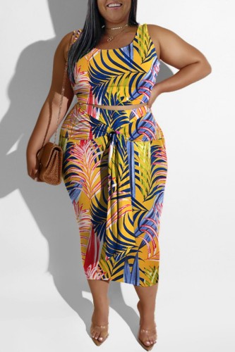 Yellow Casual Print Patchwork U Neck Plus Size Two Pieces