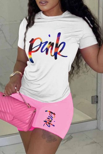 Pink Casual Print Letter O Neck Short Sleeve Two Pieces