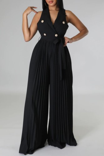 Black Casual Solid Patchwork Frenulum V Neck Regular Jumpsuits
