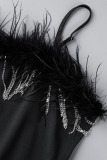 Black Sexy Solid Tassel Patchwork Feathers Spaghetti Strap Skinny Jumpsuits