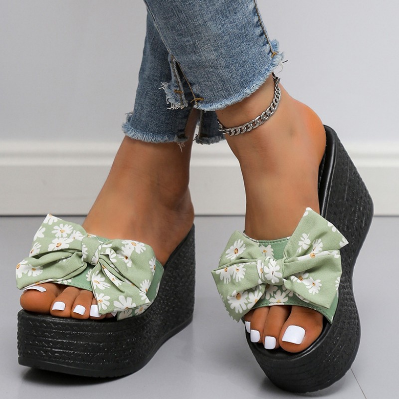Wholesale White Casual Patchwork Printing With Bow Round Wedges Shoes ...
