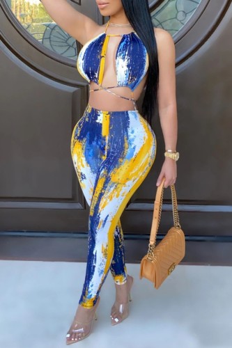 Blue Sexy Print Bandage Patchwork Backless Halter Skinny Jumpsuits
