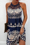 Blue Pink Casual Print Hollowed Out O Neck Sleeveless Dress Dresses