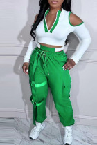 Green Casual Solid Patchwork V Neck Long Sleeve Two Pieces