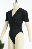 Black Casual Solid Patchwork Fold V Neck Skinny Bodysuits