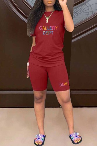Red Casual Print Letter O Neck Short Sleeve Two Pieces