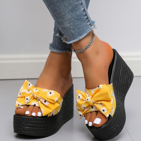 Yellow Casual Patchwork Printing With Bow Round Wedges Shoes (Heel Height 3.15in)