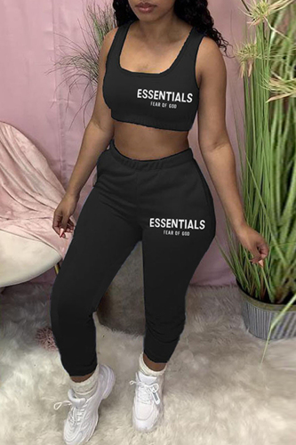 Black Casual Letter Print Vests Pants U Neck Sleeveless Two Pieces