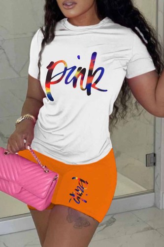 Orange Casual Print Letter O Neck Short Sleeve Two Pieces