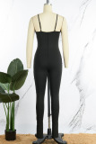 Black Sexy Solid Tassel Patchwork Feathers Spaghetti Strap Skinny Jumpsuits