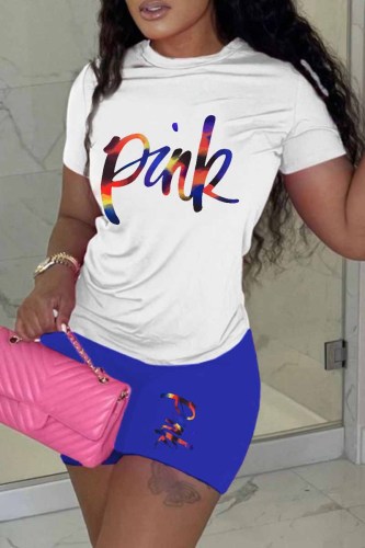 Blue Casual Print Letter O Neck Short Sleeve Two Pieces