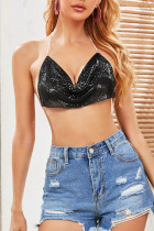 Black Sexy Solid Patchwork Metal Accessories Decoration Halter Tops