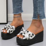 Green Casual Patchwork Printing With Bow Round Wedges Shoes (Heel Height 3.15in)