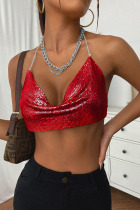 Red Sexy Solid Patchwork Metal Accessories Decoration Halter Tops