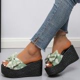 Black Casual Patchwork Printing With Bow Round Wedges Shoes (Heel Height 3.15in)
